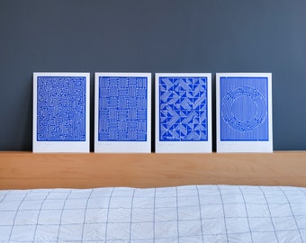 Set of 4 blue linocuts on paper / Labyrinth / Level 1, Level 2, Level 3 and Level 4 / Wall decoration / A4