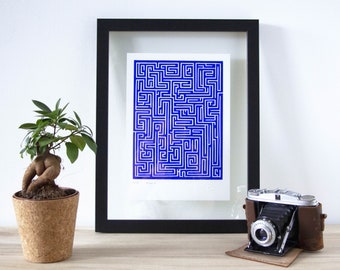 Blue linocut on paper / Labyrinth / Level 1 / Wall decoration / A4