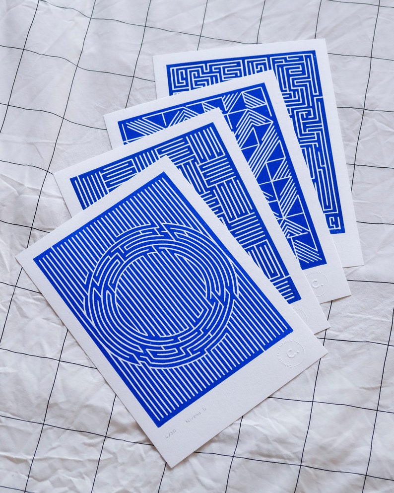 Set of 4 Original Linocuts, Blue Illustration, A4 Poster, Labyrinth ...