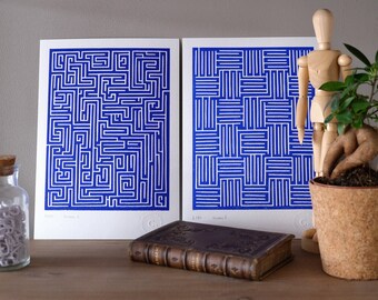 Lot of 2 blue linocuts on paper / Labyrinth / Level 1 and Level 2 / Wall decoration / A4