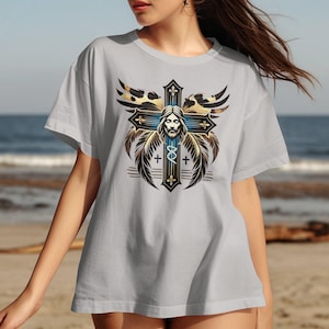 Religious Cross with Jesus Graphic T-Shirt, Inspirational Christian Tee, Spiritual Faith Print Shirt, Unique Religious Gift Tee