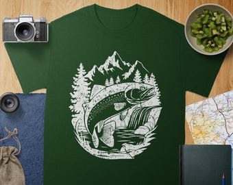 Camiseta con estampado de trucha, paisaje de montaña, atuendo ideal para pescar, amante de la naturaleza, ropa de pesca única.