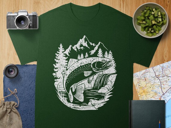 Maglietta grafica con pesce trota, paesaggio di montagna, ottimo