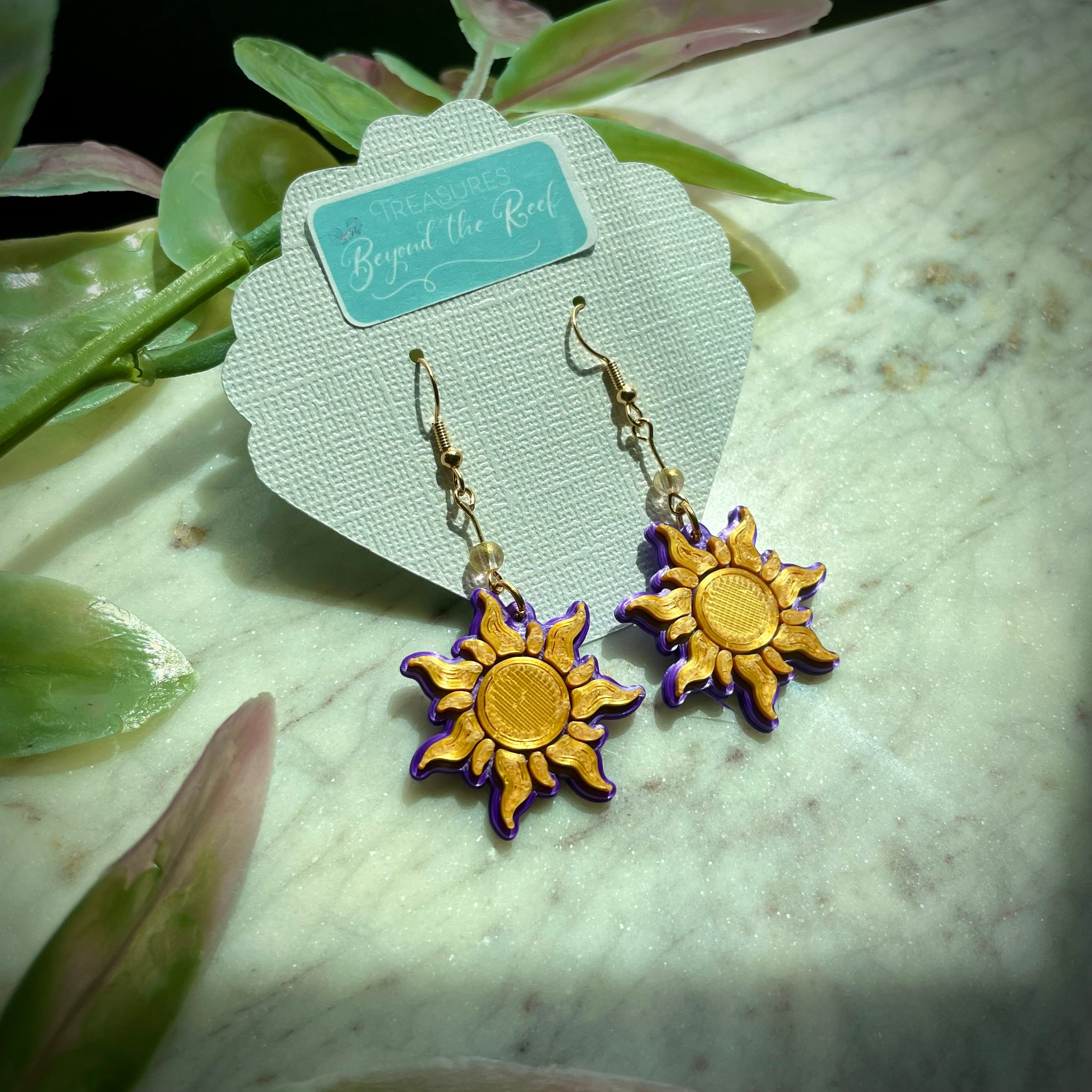 3D Printed Rapunzel Inspired Earrings Purple Gold Sun Flower