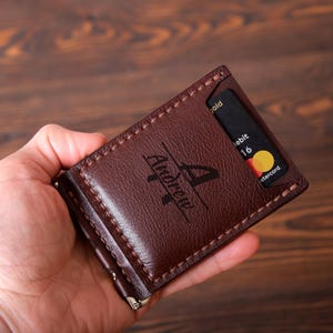 Cartera de cuero personalizada con clip para billetes, tarjetero minimalista delgado, billetera de bolsillo frontal compacta plegable para hombre con grabado personalizado, hecha a mano