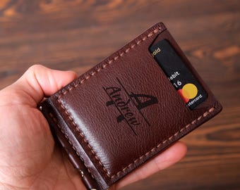 Cartera de cuero personalizada con clip para billetes, tarjetero minimalista delgado, billetera de bolsillo frontal compacta plegable para hombre con grabado personalizado, hecha a mano
