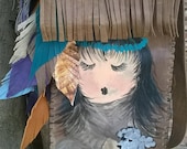Hand painted fringed leather handbag with tons of leather feathers with handpainting