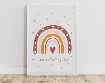 Christliche Ausdrucke Boho Regenbogen „Ich bin ein Kind Gottes“ Kinderzimmerdekoration | Skurrile farbenfrohe Wandkunst für das Babyzimmer | Digitaler Download