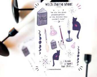 Witch sticker sheet, Fall stickers, planner stickers, halloween stickers , journal stickers, black cat, sticker pack, fall scrapbooking