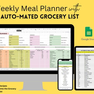 Pianificatore dei pasti settimanali con lista della spesa/ automatizzato/ preparazione del cibo/ piano dei pasti mensili/ fogli di calcolo Google Modello di pianificazione dei pasti