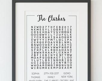 Personalised Word Search, Personalised Print, Family word search, Family Themed Poster, Custom Word Search, Personalised Gift, Christmas