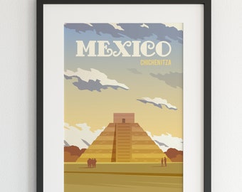 Mexico Poster, Chichen Itza Print, Mexico Wall Art, Mexico Print, Mexico Art, Travel Poster, Travel Illustration, Chichen Itza Temple