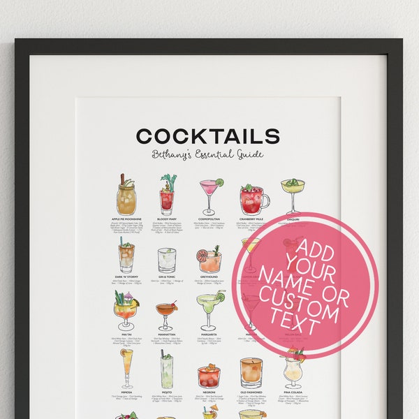 Personalised Cocktails Poster, Classic Cocktails Print, Cocktail Menu, Cocktail Recipes, Cocktail Gifts, Cocktail Guide, Kitchen Poster