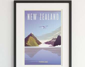 New Zealand Poster, City Art, New Zealand Wall Art, New Zealand Print, New Zealand Art, Vintage Poster, Travel Illustration, Fiordland