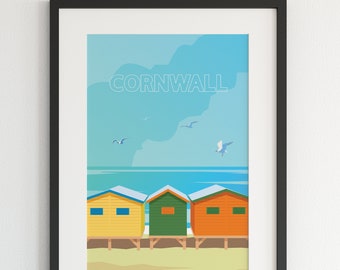 Cornwall Poster, City Print, Cornwall Wall Art, Bathroom Print, Beach Hut, Cornwall Print, Travel Illustration, UK Poster, Beach Hut Poster