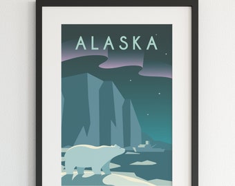 Alaska Poster, City Print, Alaska Wall Art, Alaska Print, Alaska Art, Vintage Poster, Travel Illustration, US Poster, Polar Bear Poster