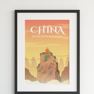 China Poster, City Print, China Wall Art, China Print, China Art, Vintage Poster, Travel Illustration, Huangshan Mountain, Huangshan Poster