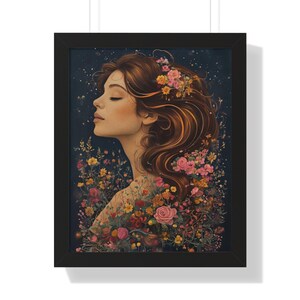 Póster enmarcado "Serenidad Floral" (16 x 20), elegante arte de pared, mujer en la naturaleza, decoración del hogar, regalo para ella, decoración bohemia, obra de arte floral.