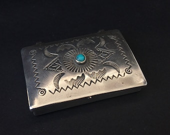 Tiny Silver Rectangular Carved Box with Turquoise Stone