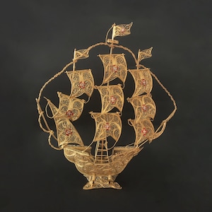 42cm Portuguese Golden Silver Filigree Caravel Ship