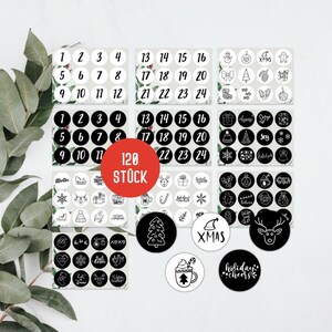Aufkleber Weihnachten Rund | 120 Sticker DIY Adventskalender Zahlen | Weihnachtsaufkleber | Aufkleber Weihnachtskalender (Schwarz/Weiss)
