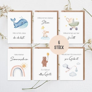 6 x Karten zur Geburt Baby | Kartenset mit 6 x Briefumschlag Geburt Junge Mädchen | Klappkarten aus Recyclingpapier im Aquarell Boho Stil