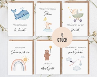 6 x Karten zur Geburt Baby | Kartenset mit 6 x Briefumschlag Geburt Junge Mädchen | Klappkarten aus Recyclingpapier im Aquarell Boho Stil