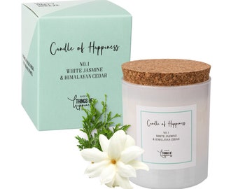 Scented candle jasmine cedar wood | Candle in a white glass with cork lid | Vegan soy wax candle | Large candle 230g Burn time 50h