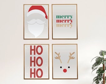 Poster Christmas 4-part print | Christmas decoration poster set | 4 funny Christmas posters in a set | ho ho ho deer Santa Claus poster