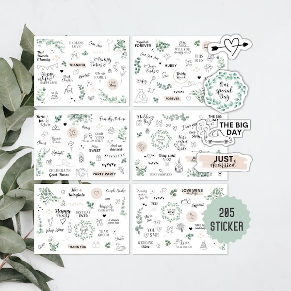 Sticker Hochzeit Gästebuch | 205 Aufkleber Fotoalbum Hochzeit | Vintage Sticker für Scrapbook Standesamt | Wedding Deko Grün Eucalyptus