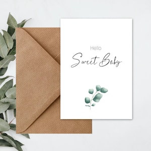 Karte zur Geburt Baby mit Briefumschlag Eukalyptus | Karte zur Geburt Baby Junge & Mädchen aus Kraftpapier im Boho Vintage Stil