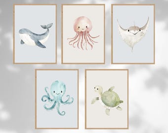 Meerestiere Poster Set Kinderzimmer 5Motive | Posterset Unterwasserbewohner Qualle, Wal, Manta, Schildkröte, Octopus für Kinder | Kunstdruck