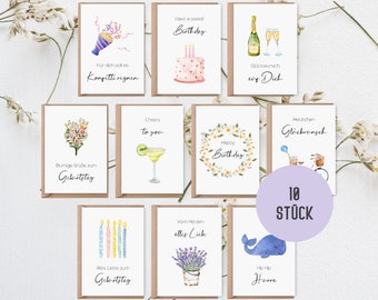 10 x Karten zum Geburtstag | Geburtstagskarten-Set inkl. 10 x Briefumschläge | Klappkarten zum Geburtstag im Aquarell Boho Stil