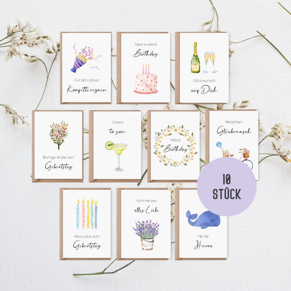 10 x Karten zum Geburtstag | Geburtstagskarten-Set inkl. 10 x Briefumschläge | Klappkarten zum Geburtstag im Aquarell Boho Stil