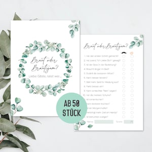 Hochzeitsspiel Braut oder Bräutigam | 50 Karten Hochzeitsquiz | Hochzeitsspiel für Gäste | Hochzeitsspiel Brautpaar Boho Design Eucalyptus
