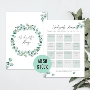 Hochzeitsbingo -Spiel für die Hochzeit | Hochzeitsquiz zum Kennenlernen | Hochzeitsspiel für Gäste | Bingo Hochzeit Boho Design (Eucalyptus)