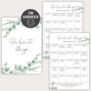 Wedding Bingo Green Eucalyptus | Wedding game digital download PDF, PNG | Game for bride and groom and guests | Wedding party game bingo