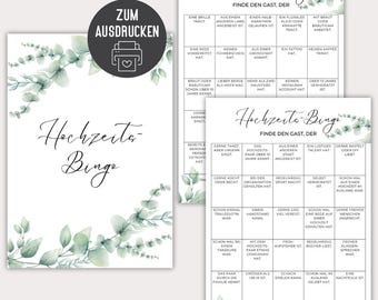 Wedding Bingo Green Eucalyptus | Wedding game digital download PDF, PNG | Game for bride and groom and guests | Wedding party game bingo
