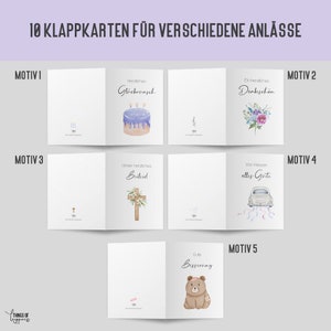 10 x Karten für verschiedene Anlässe Glückwunschkarten-Set inkl. 10 x Briefumschläge Klappkarten aus Recyclingpapier Aquarell Stil Mix Bild 2