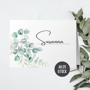 Namenskarten Hochzeit Blanko, Namensschilder ab 25 Stück im Set | Platzkarten für Hochzeit Taufe Geburtstag im Boho Design (Eucalyptus)