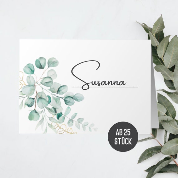 Namenskarten Hochzeit Blanko, Namensschilder ab 25 Stück im Set | Platzkarten für Hochzeit Taufe Geburtstag im Boho Design (Eucalyptus)