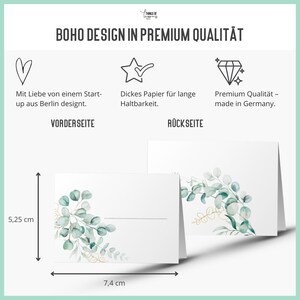 May include: A set of two blank place cards with a watercolor eucalyptus design. The cards are 7.4 inches wide and 5.25 inches tall. The text on the cards reads "Vorderseite" and "R&uuml;ckseite".