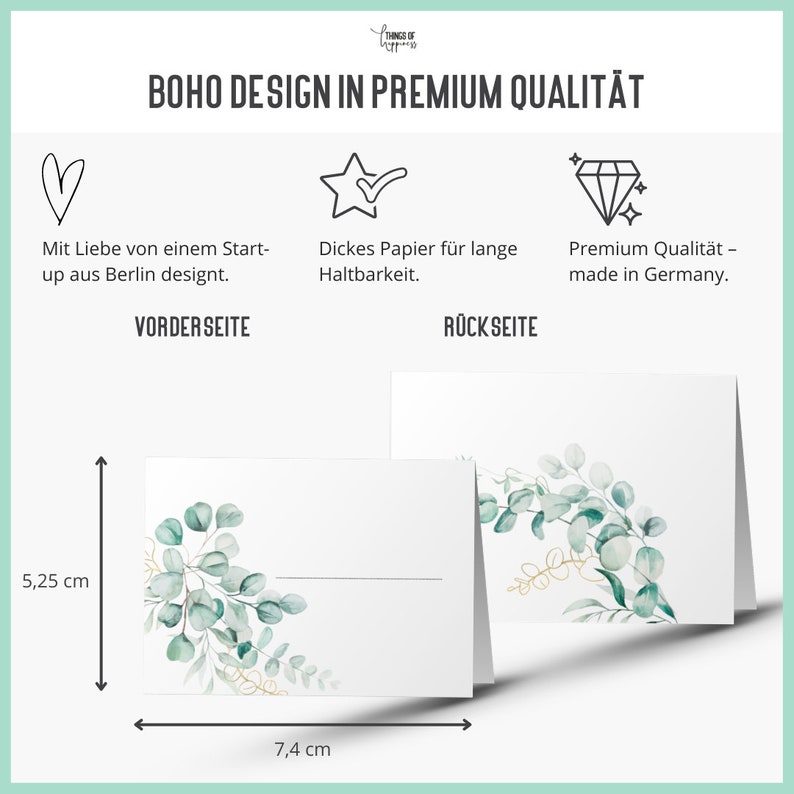 May include: A set of two blank place cards with a watercolor eucalyptus design. The cards are 7.4 inches wide and 5.25 inches tall. The text on the cards reads "Vorderseite" and "R&uuml;ckseite".
