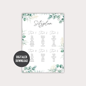 May include: A printable seating chart with a green and gold watercolour floral design. The chart is titled "Sitzplan" and lists names for each table.