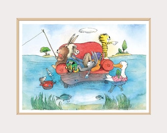May include: A watercolor illustration in a light wood frame depicting a red armchair floating on blue water. A bear, donkey, and rabbit sit on the chair, with the bear fishing. A tiger stands on the arm, and a duck swims nearby with a small frog.