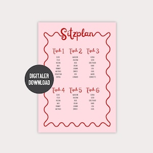 Può includere: Un piano di posti a sedere stampabile rosa con testo rosso e un bordo rosso ondulato. Il grafico è intitolato "Sitzplan" e elenca i tavoli da 1 a 6 con nomi per ogni tavolo.