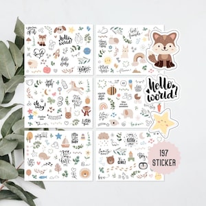 May include: A set of 6 sheets of stickers featuring a variety of cute illustrations, including animals, plants, and text. The illustrations are in a light and whimsical style, with a color palette of browns, pinks, blues, and greens. The text on the stickers includes phrases like "hello world!" and "best friends".