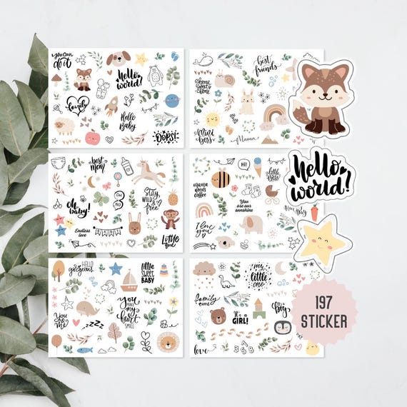 Sticker Babybuch | 197 Aufkleber Fotoalbum Baby | Genderneutrale Sticker für Scrapbook | Für Mädchen und Jungen | Baby Deko Pastell