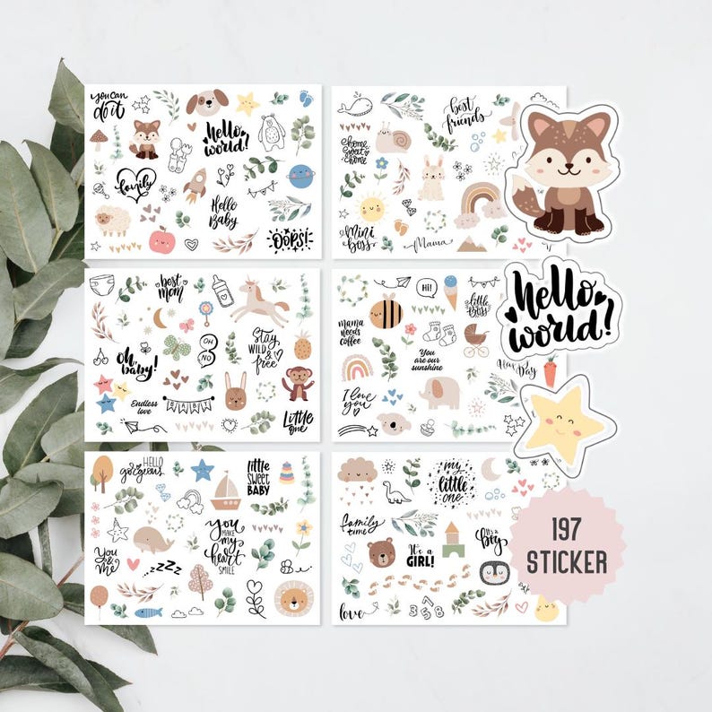 May include: A set of 6 sheets of stickers featuring a variety of cute illustrations, including animals, plants, and text. The illustrations are in a light and whimsical style, with a color palette of browns, pinks, blues, and greens. The text on the stickers includes phrases like "hello world!" and "best friends".