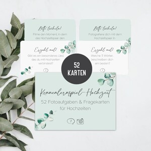 52 Fotoaufgaben Hochzeit & Gesprächskarten | Kennenlernspiel Hochzeitsspiel für Gäste | Selfieaufgaben, Small Talk Fragen (Eucalyptus)